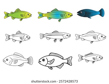 set of fish, Isolated cute sea fish. Set of freshwater aquarium cartoon fish for print, children development.