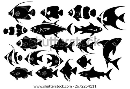 Set of fish isolated on white background. Black and white vector illustration.