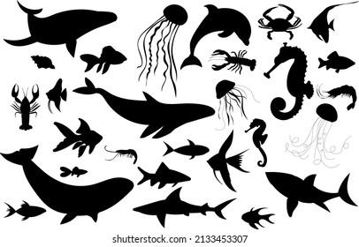 set of fish, jellyfish black silhouette, isolated vector