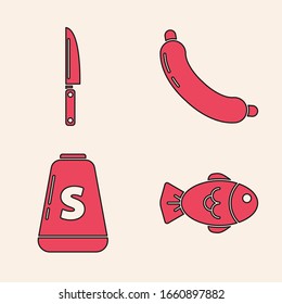 Set Fish, Knife, Sausage and Salt icon. Vector