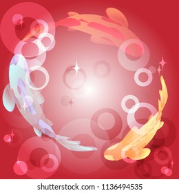 Set with fish, Koi carp on background of  red gradient and sparkling spheres. Vector illustration, Cyprinus Carpio.