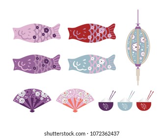Set the fish lanterns, rice and hand fans in the Oriental style, Chinese, Japanese. Vector illustration 