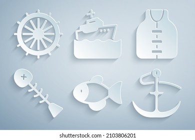 Set Fish, Life jacket, Dead fish, Anchor, Cruise ship and Ship steering wheel icon. Vector