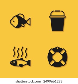 Conjunto de peces, boya salvavidas, peces muertos y icono de cubo de pesca con sombra larga. Vector