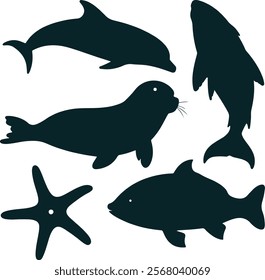 A set of fish like star fish, shark, dolphin.