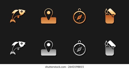 Set Fish, Location for camping, Compass and Lighter icon. Vector