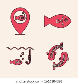 Set Fish, Location fishing, Fish and Fishing hook under water with fish icon. Vector