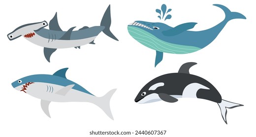 
Set of fish and mammals, cartoon shark and dolphin, whale, hammerhead shark . Vector illustration