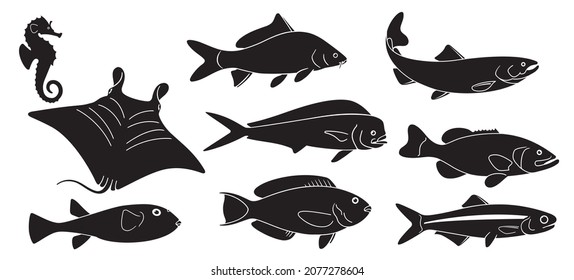 Set of Fish. Manta Black and White Illustration. Fish Vector. Fish Tattoo on White Background. Ocean Life. Sea Fish Sketch for Coloring Book.