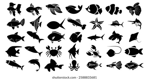 Set of Fish and Marine Life Silhouettes  Black Vector Icons of Tropical Fish, Sharks, Crabs, Lobsters, Octopuses, and Sea Creatures , Perfect for Logos, Stickers, Patterns and Graphic Design