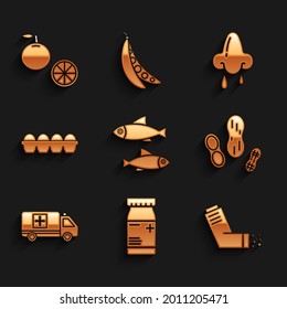 Set Fish, Medicine bottle and pills, Inhaler, Peanut, Emergency car, Chicken egg box, Runny nose and Orange fruit icon. Vector