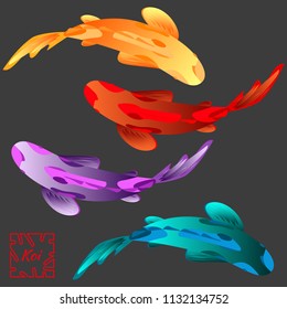 Set with fish, multi-colored carp Koi on black background. Vector illustration, Cyprinus Carpio.
