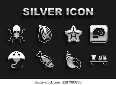 Set Fish, Octopus on a plate, Sushi cutting board, Scallop sea shell, Stingray, Starfish,  and Mussel icon. Vector