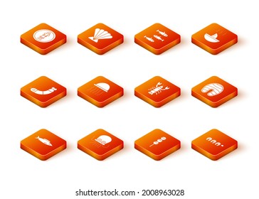Set Fish, Octopus, Shrimp, Jellyfish, Takoyaki on a stick, Lobster, Grilled steak and  icon. Vector