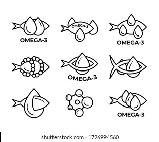 Set of fish oil icon isolated on white background. Vitamin omega 3 template. Drops and fish silhouette. Line style. Treatment nutrition skin care vector design. 