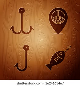 Set Fish on hook, Fishing hook, Fishing hook and Location fishing on wooden background. Vector