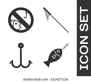 Set Fish on hook, No fishing, Fishing hook and Fishing net icon. Vector