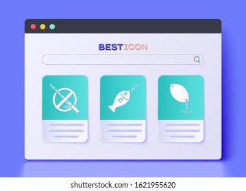 Set Fish on hook, No fishing and Fishing spoon icon. Vector
