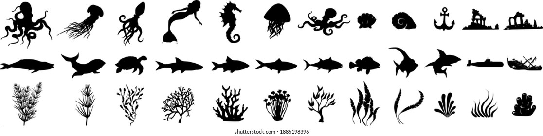 Set of fish on a white background. Large set of underwater items. Creation kit. Stock vector illustration. Isolated illustration on white background. eps 10 vector 