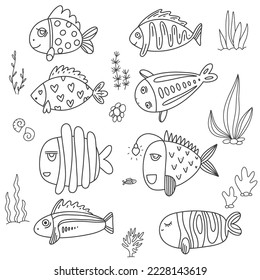 Se coloca con peces de fondo blanco. Estilo Doodle.