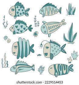 Se coloca con peces de fondo blanco. Estilo Doodle.