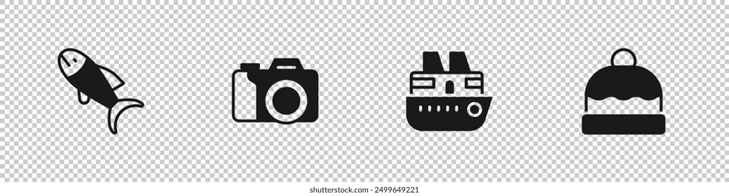 Set Fish, Photo camera, Cruise ship and Beanie hat icon. Vector