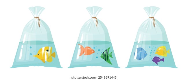 Set of fish in plastic bags in cartoon style. Vector illustration of colored fishes swimming in bags, bubbles isolated on white background. Transportation of fish. Yellow, orange, green, blue, purple.