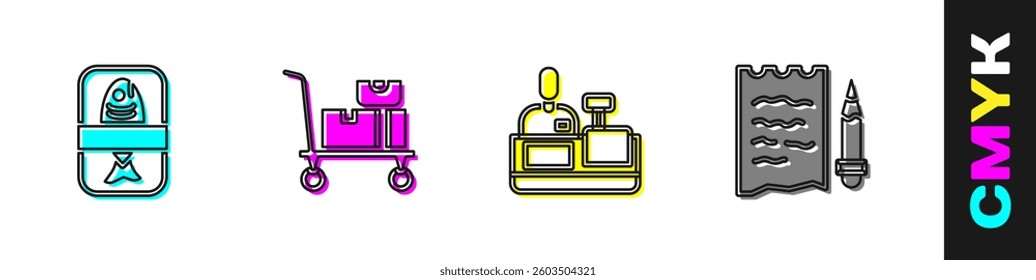 Set Fish plastic tray container, Hand truck and boxes, Cashier at cash register and Shopping list pencil icon. Vector