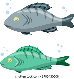 Set of fish. River animal with scales, fins and a tail. Sea food. Cartoon flat illustration isolated on white background