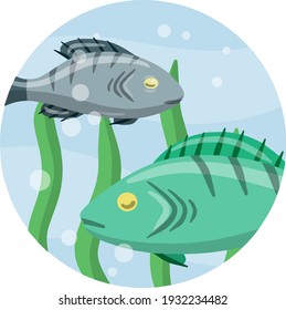 Set of fish. River animal with scales, fins and tail. Underwater life. Water with algae. Wildlife icon in circle. Element of fishing. Cartoon flat illustration