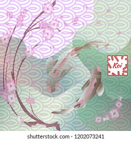 Set with fish and sakura, Koi carp on traditional Japanese background. Monochrome pastel soft pink, green and gray. Vector illustration, Cyprinus Carpio.