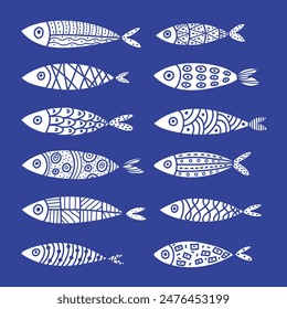 Сute set with fish. Sardines.  Illustration.