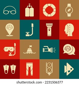 Set Fish, Scallop sea shell, Diving hood, Lifebuoy, Snorkel, Glasses and cap and Flashlight icon. Vector