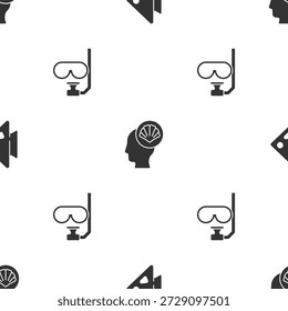 Set Fish, Scallop sea shell and Diving mask and snorkel on seamless pattern. Vector
