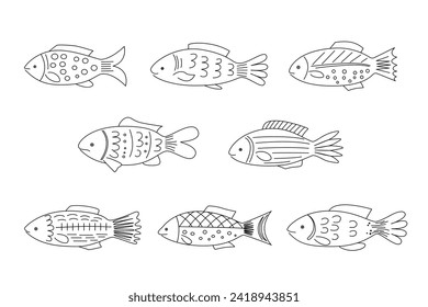 Set of fish. Scandinavian design. ocean fish vector icons. Line outline on white background. Coloring pages for children