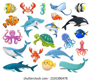 Set of fish and sea animals in cartoon style