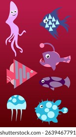 Set of fish and sea animals on a red background. Vector illustration