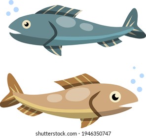 Set of fish. Sea food. Cartoon flat illustration isolated on white background. Element of fishing. River blue and grey animal with scales, fins and a tail