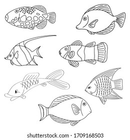 Set of Fish from the sea or river.Awesome Coloring pages for adults or children.Black and white image.A book for coloring doodles.Vector illustration