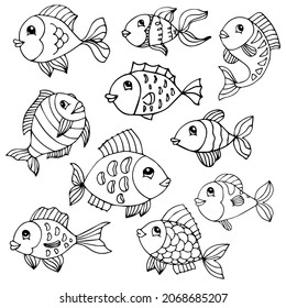 Juego de peces del mar o del río.Colores de páginas para adultos o niños.Imagen en blanco y negro.Libro para colorear los doodles.Ilustración vectorial