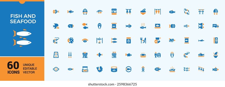 Set of Fish And Seafood colorful solid icons. Includes flat solid fishing, sea, shell, restaurant, ocean, menu. Icons for design. Food icon collection. Editable vector icon.