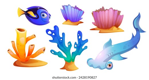 Set of fish, seaweeds and coral reefs isolated on white background. Vector cartoon illustration of underwater seabed or aquarium bottom design elements, colorful aquatic plants, hammerhead shark