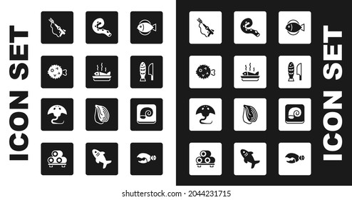 Set Fish, Served fish on a plate, hedgehog, Fishing harpoon, with sliced pieces, Octopus of tentacle,  and Stingray icon. Vector