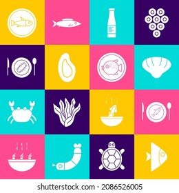 Pescado, pescado servido en un plato, concha de vieira, botella de Sauce, mejillón, pepino e ícono de Puffer. Vector