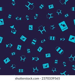 Set Fish, Served fish on plate, Camping folding chair and Fishing net on seamless pattern. Vector