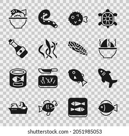 Set Fish, Shark, fin soup, hedgehog, Seaweed, Soy sauce bottle, Served fish on bowl and steak icon. Vector