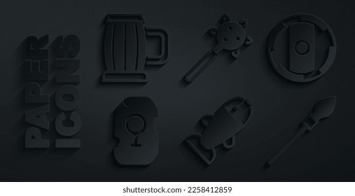 Set Fish, Shield viking, Magic rune, Medieval spear, Mace with spikes and Wooden beer mug icon. Vector