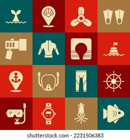 Set Fish, Ship steering wheel, Floating buoy on the sea, Boat propeller, turbine, Wetsuit, Flashlight, Whale tail ocean wave and Life jacket icon. Vector