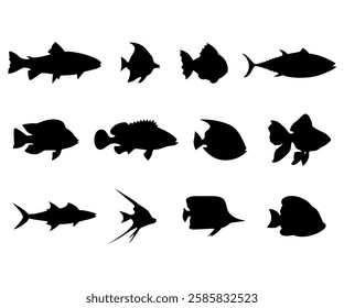 Set of Fish silhouette collection underwater exotic animals illustration