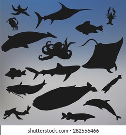set of fish silhouette icon on the blurred background. stock vector